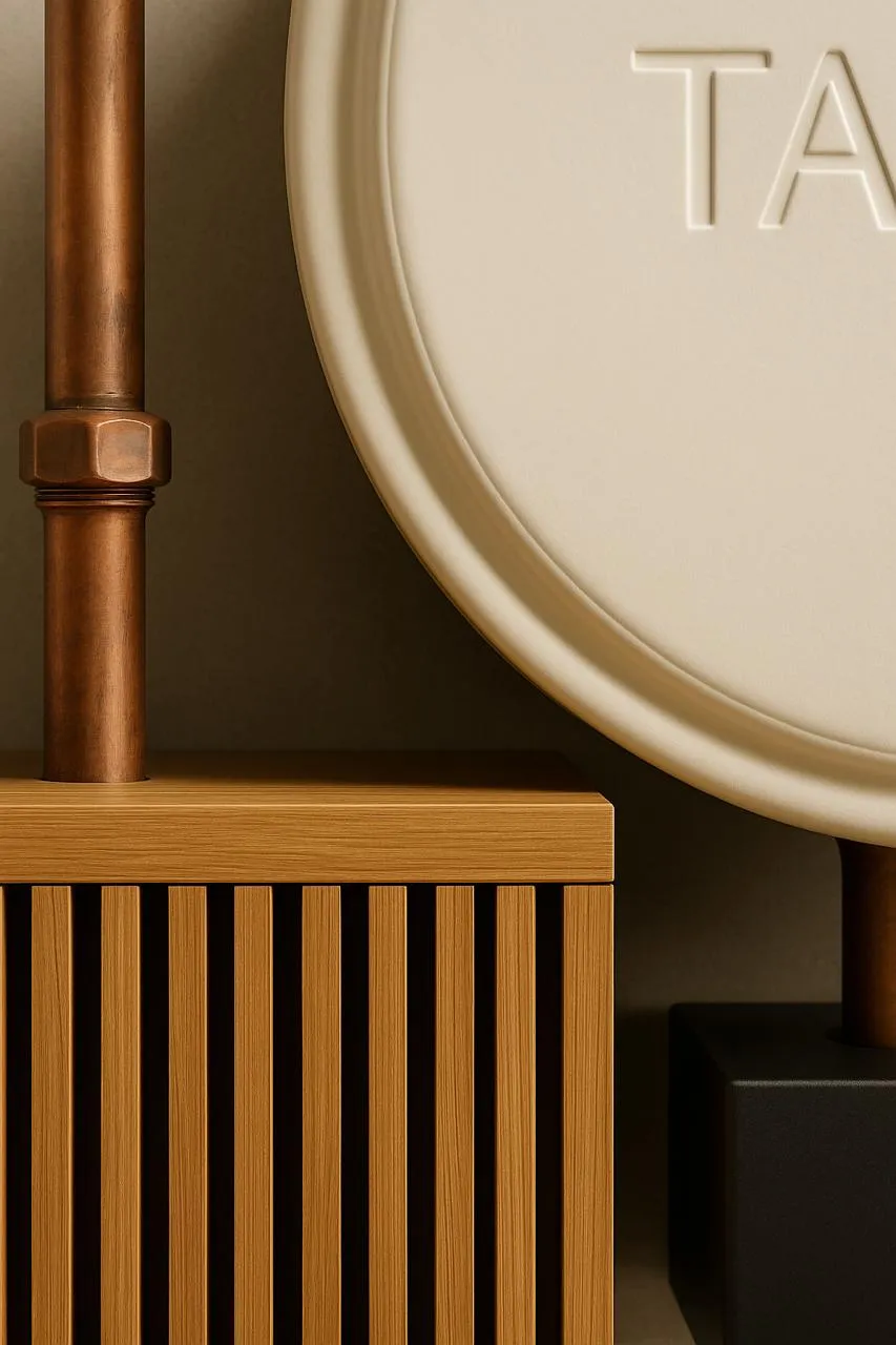 Détail de Tank Home : façade, raccord cuivre et caisson en bois