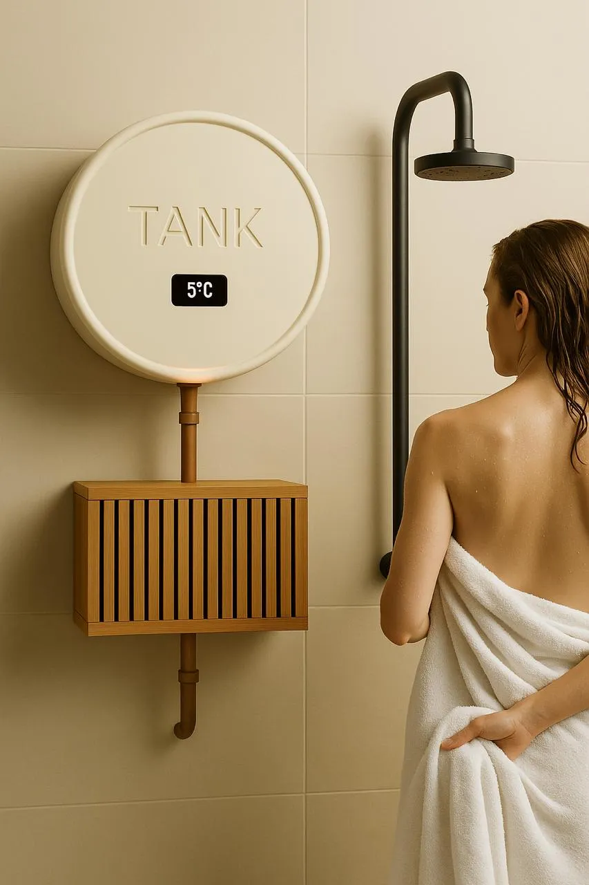 Utilisatrice devant Tank Home affichant 5 °C